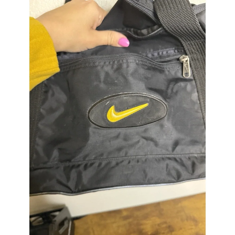 Vintage Nike Duffel Bag Black 90's Gym Bag Sports Nylon Yellow Swoosh